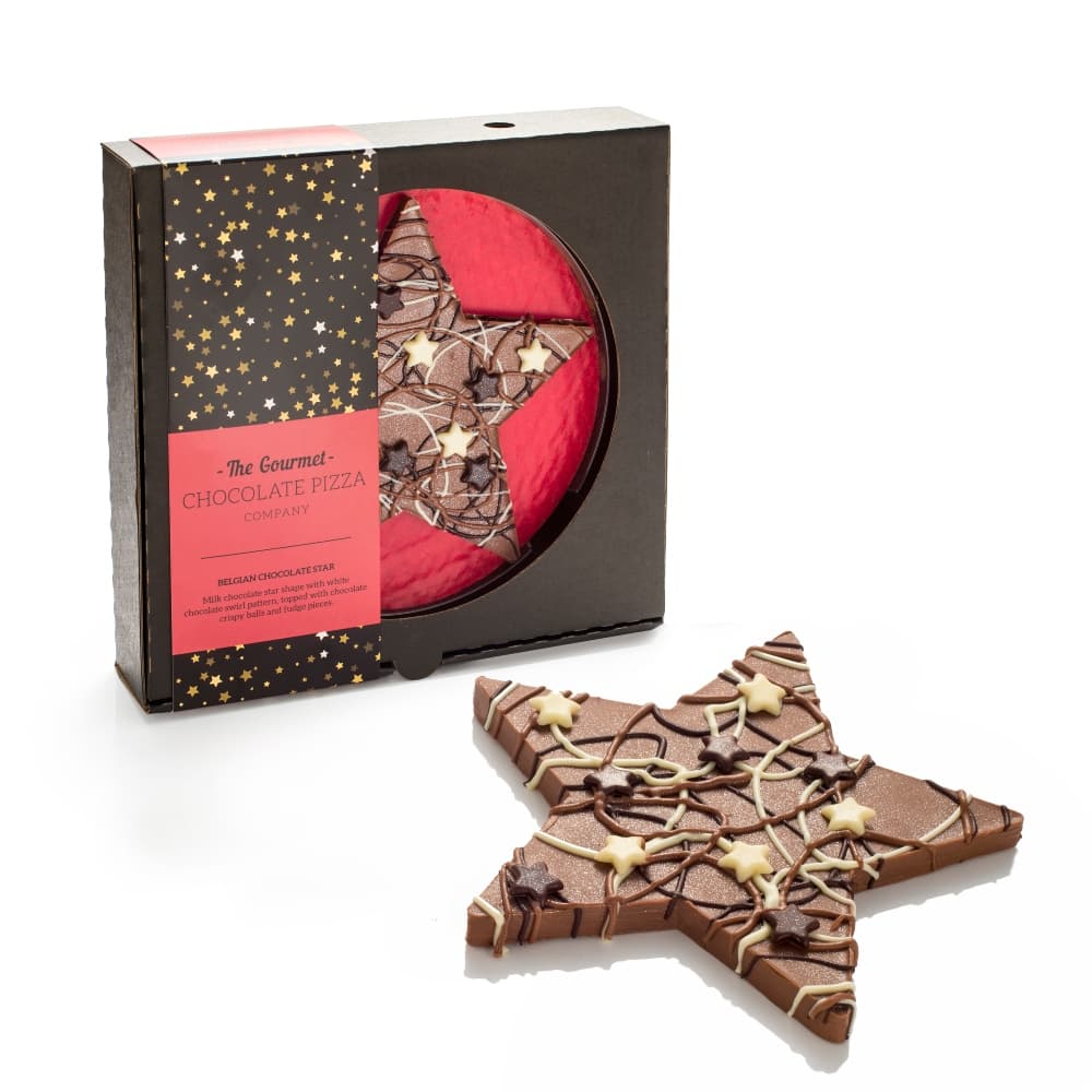 Belgian Milk Chocolate Star decorated with a stunning chocolate drizzle pattern and dark and white chocolate mini stars